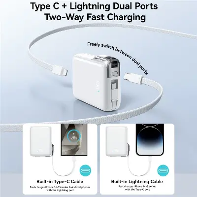 Picture of JOYROOM JR-PBF27 Pro Power Bank 30W Fast Charging 10000mAh Portable Charger Built-in Type-C and iP Cables - White