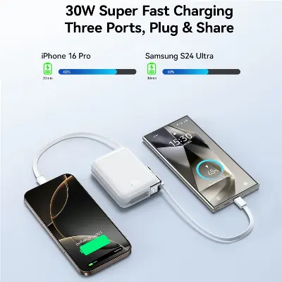 Picture of JOYROOM JR-PBF27 Pro Power Bank 30W Fast Charging 10000mAh Portable Charger Built-in Type-C and iP Cables - White