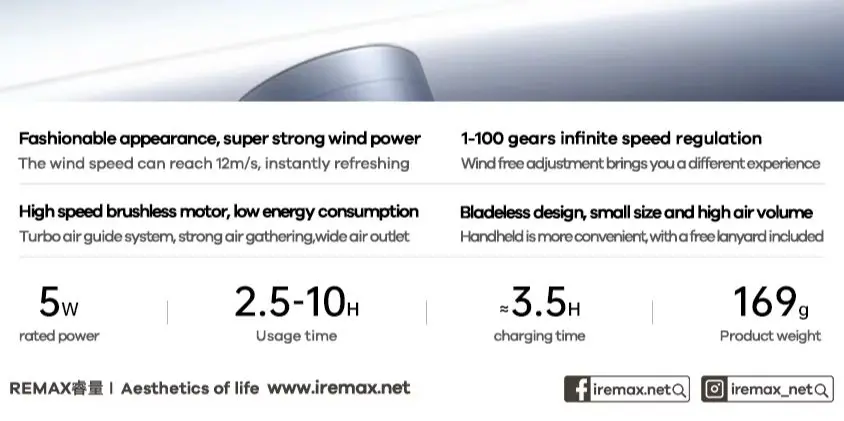 Picture of REMAX RS-SF16 Digital Handheld 100-Speed Adjustment Bladeless Design 12m/s Wind 10H Runtime Portable Wearable Fans - Blue