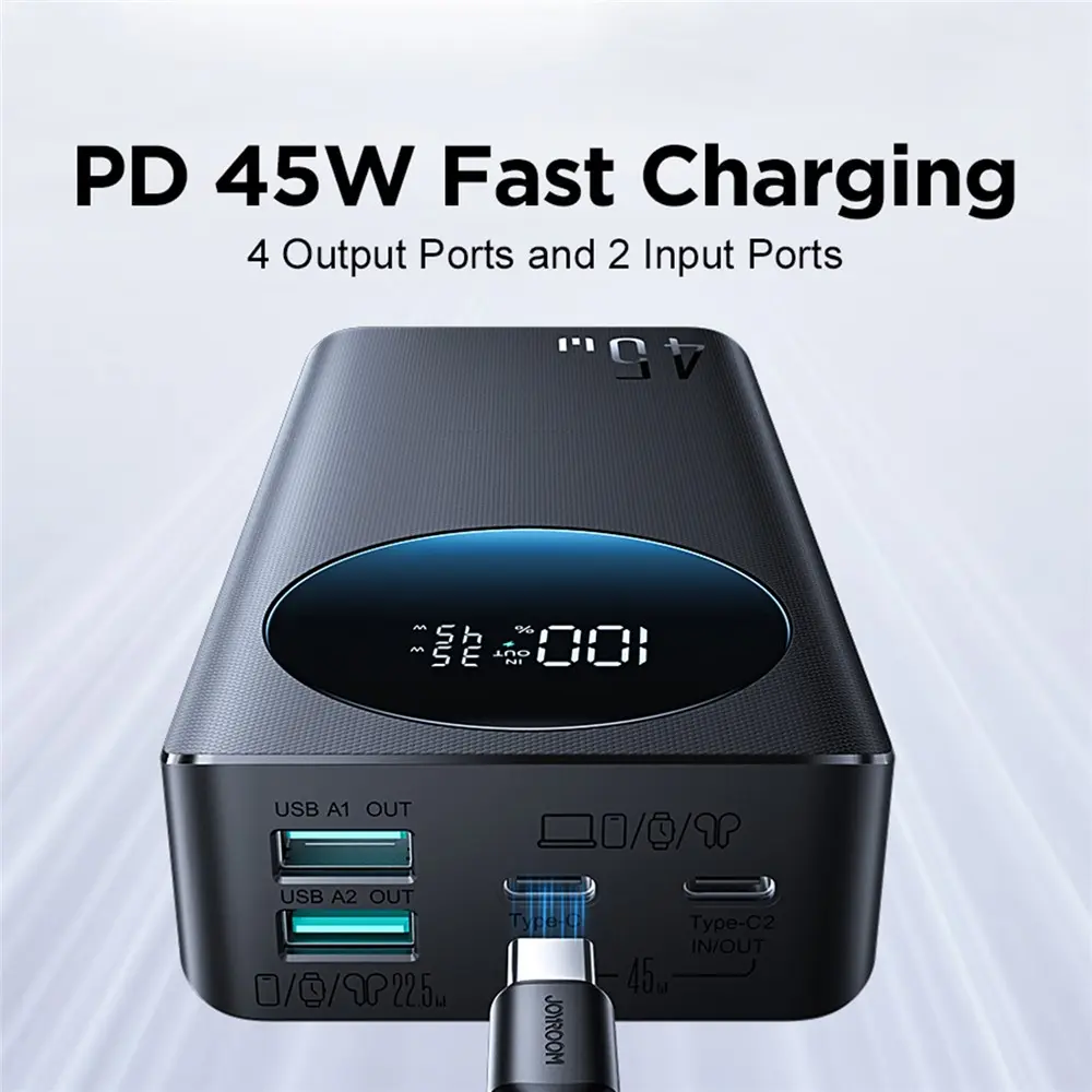 Picture of JOYROOM JR-PBF02 Pro 20000mAh Power Bank 45W Super Fast Charging Digital Display Portable Charger with 4 Port Output - Black - Black
