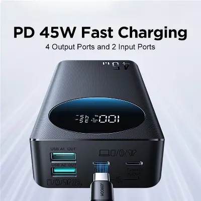 Picture of JOYROOM JR-PBF02 Pro 20000mAh Power Bank 45W Super Fast Charging Digital Display Portable Charger with 4 Port Output - Black - Black