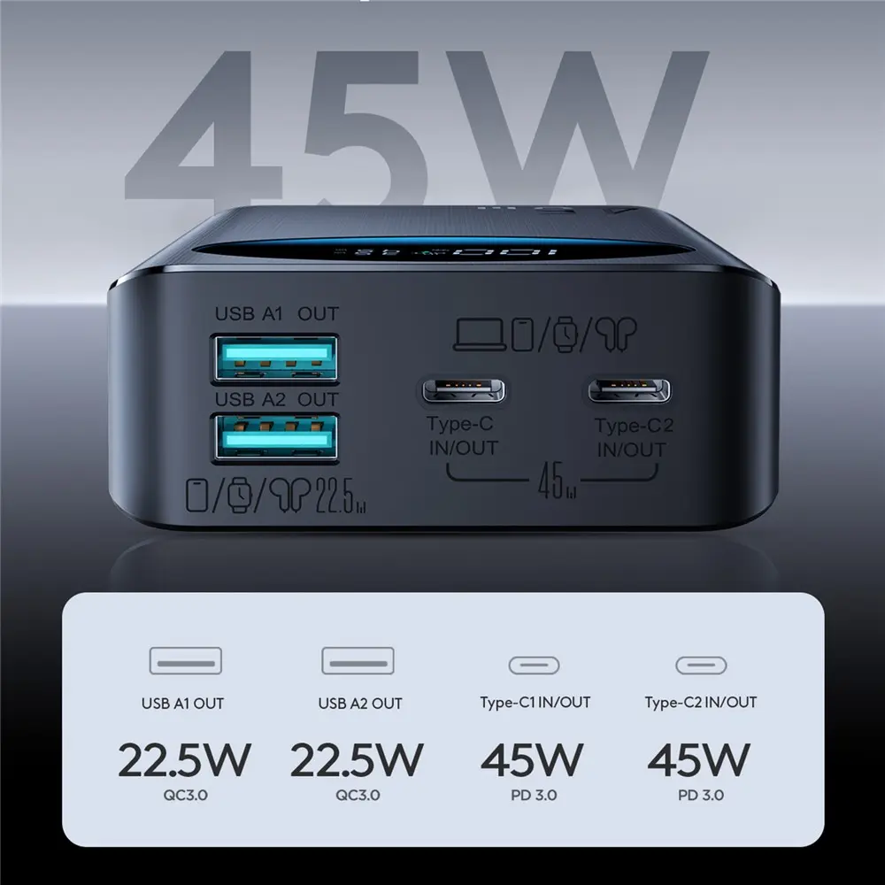 Picture of JOYROOM JR-PBF02 Pro 20000mAh Power Bank 45W Super Fast Charging Digital Display Portable Charger with 4 Port Output - Black - Black