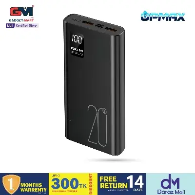 Picture of Upmax QC22.5W & PD20W Type-C Output Super Fast Charging 20000mAh Digital Display Power Bank - Black - Black