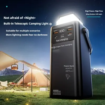 Picture of Upmax Newly Launched 22.5w Fast Charging Outdoor Camping 60000mah High Capacity With 4 Cables Handle LED Light Power Bank - Black - Black
