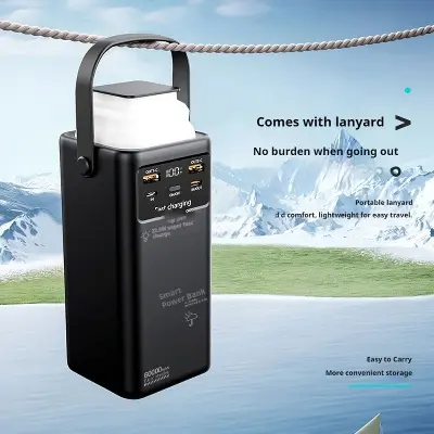 Picture of Upmax Newly Launched 22.5w Fast Charging Outdoor Camping 60000mah High Capacity With 4 Cables Handle LED Light Power Bank - Black - Black