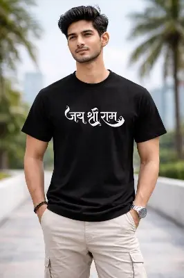 Picture of Black Jai Shree Ram Printed Cotton T-Shirt for Men | Basic Half Sleeve Hindu Devotional T-Shirt | Vaidik Bastraloy - Black