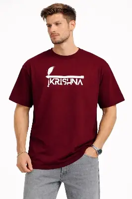 Picture of Maroon Drop Shoulder Oversize Printed Cotton T-Shirt for Men | Vaidik Bastraloy Premium Casual Streetwear - Maroon