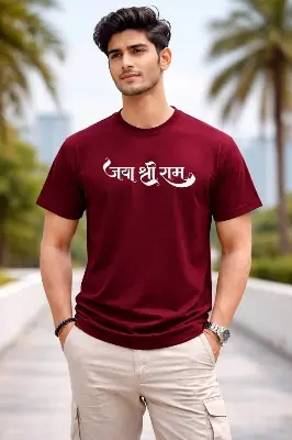 Picture of Maroon Jai Shree Ram Printed Cotton T-Shirt for Men | Basic Half Sleeve Hindu Devotional T-Shirt | Vaidik Bastraloy - Maroon