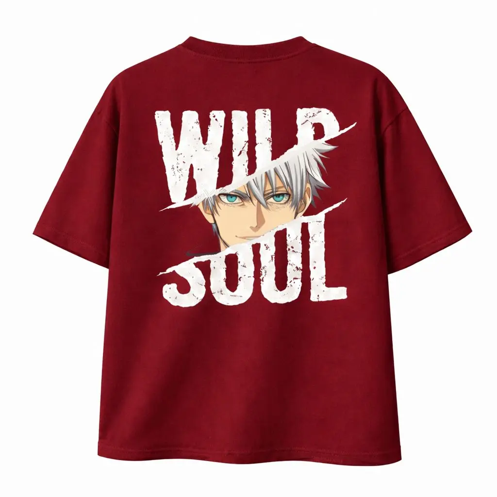 Picture of Jujutsu Kaisen  Gojo Satoru 200+ GSM Premium Cotton Drop Shoulder Maroon T-Shirt - Maroon
