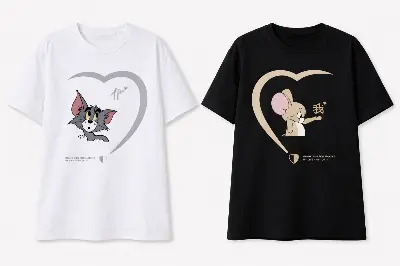 Picture of Tom & Jerry Couple Drop Shoulder Oversize T-Shirt Combo (2 Pcs) | Black & White Cotton Unisex Couple Tee Set - Black