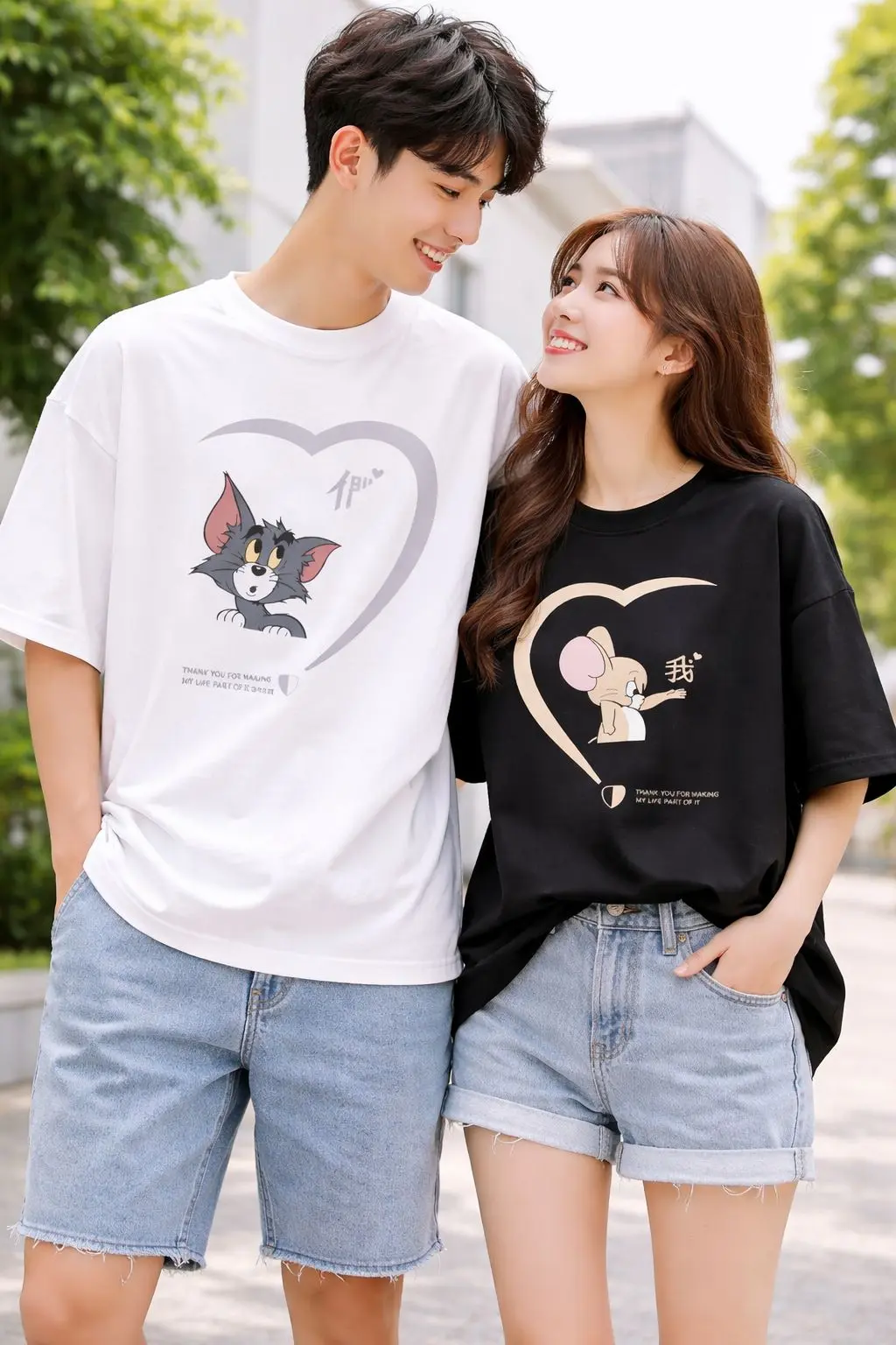 Picture of Tom & Jerry Couple Drop Shoulder Oversize T-Shirt Combo (2 Pcs) | Black & White Cotton Unisex Couple Tee Set - Black