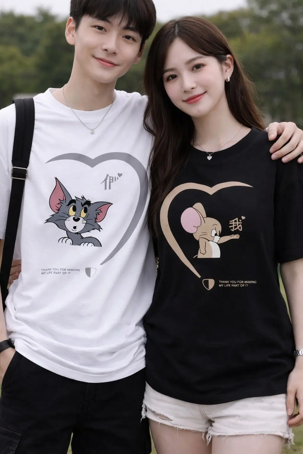 Picture of Tom & Jerry Couple Drop Shoulder Oversize T-Shirt Combo (2 Pcs) | Black & White Cotton Unisex Couple Tee Set - Black