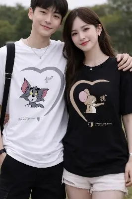 Picture of Tom & Jerry Couple Drop Shoulder Oversize T-Shirt Combo (2 Pcs) | Black & White Cotton Unisex Couple Tee Set - Black