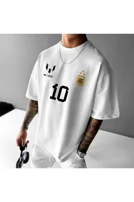 Picture of Argentina Lionel Messi 10 Printed White Oversized T-Shirt | Premium Cotton Drop Shoulder | Unisex Casual Tee - White