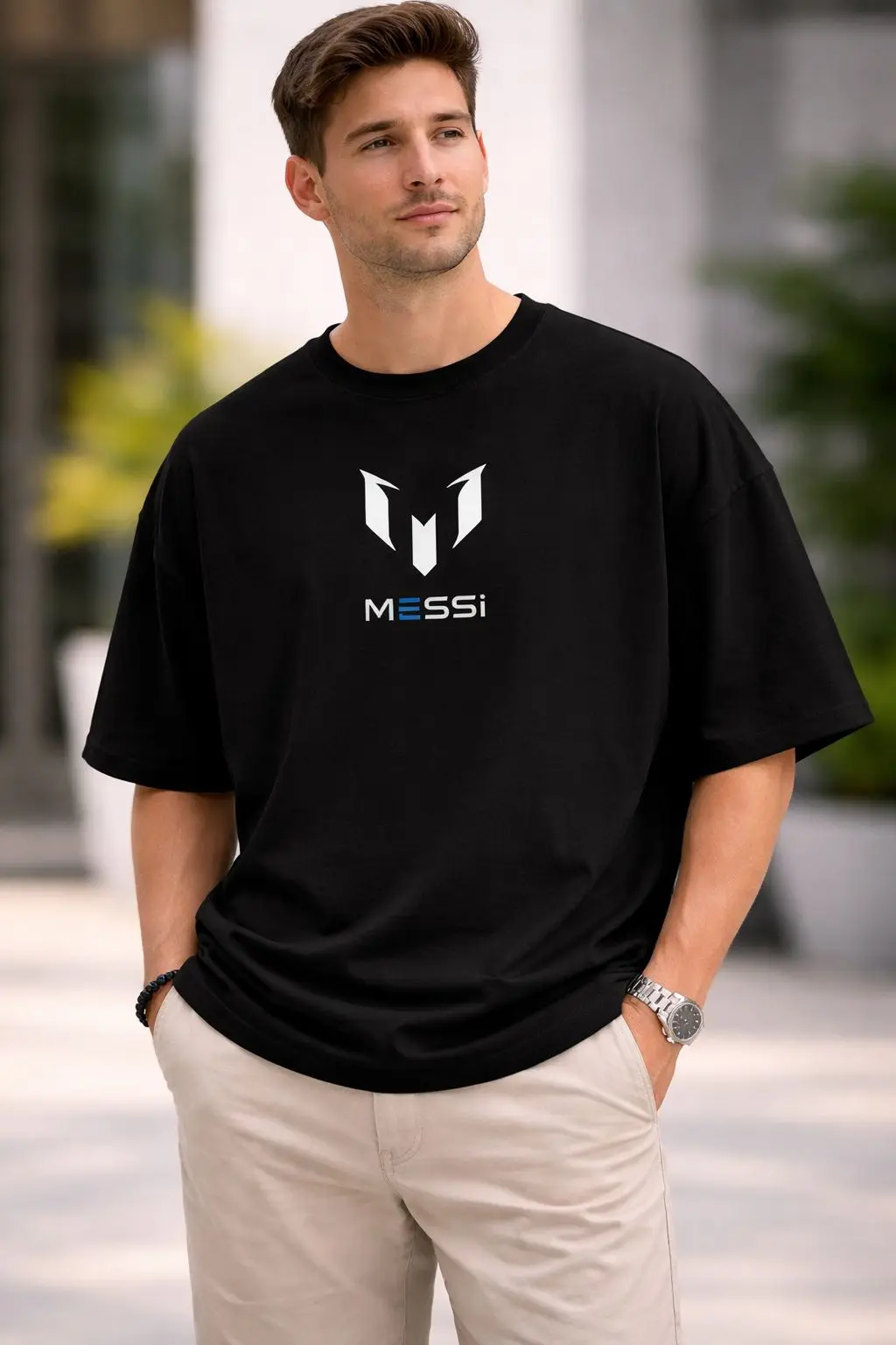 Picture of Messi Logo Black Drop Shoulder T-Shirt for Men | Premium Cotton Oversized Tee - Black