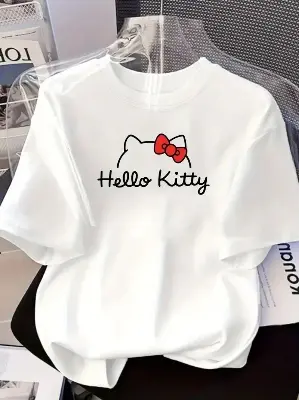 Picture of Hello Kitty White T-Shirt for Women | Cute Cartoon Printed Oversized Tee - White