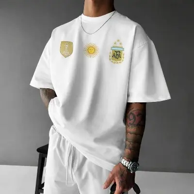 Picture of Argentina Logo Printed White Oversized T-Shirt | Premium Cotton Drop Shoulder Tee | Unisex Football Fan T-Shirt - White