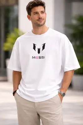 Picture of Messi Logo White Drop Shoulder T-Shirt for Men | Premium Cotton Oversized Tee - White