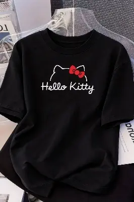 Picture of Hello Kitty Black T-Shirt for Women | Cute Cartoon Printed Oversized Tee - Black