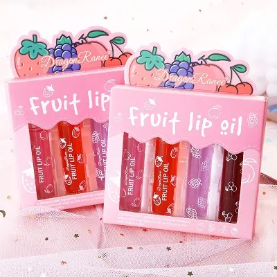 Picture of Dragon Ranee 4 Pcs Fruit Lip Oil Set Lip Gloss Crystal Jelly Liquid Lipstick Set 