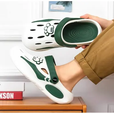 Picture of Men’s Anti-Slip Clog Slippers – Heavy-Duty TPR Sole, Soft PU Upper with Paw-Print Grip | Comfortable Slip-On Indoor/Outdoor House Slides | Brown/White/Gray | Daily Wear, Travel & Holiday Essential Footwear