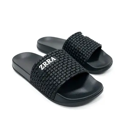 Picture of Men's Premium Black Woven Slide Slipper Sandals | Trendy Designer Checkered EVA Comfort Shoes | Non-Slip, Indoor & Outdoor Flats (Men's Black Slide Slippers)