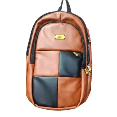 Picture of Viral CAT Design Faux Leather Laptop Backpack for Men & Women | Stylish Tan & Black Checkered College, Office & Travel Bag | Durable PU Leather, Multi-pocket Organizer