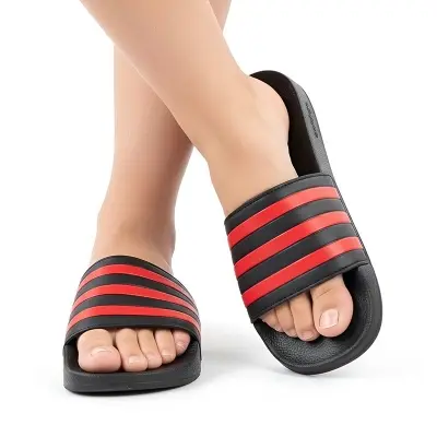 Picture of Adilette Style Slides for Men & Boys | Premium Black & Red 3-Stripes Comfort Slippers | Soft & Lightweight EVA Waterproof Sandals