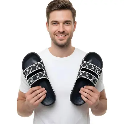 Picture of Kazi Brand Men’s Double Strap Premium Comfort Slider Sandal – Black | Trendy Lightweight Casual Slipper for Daily Wear