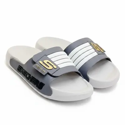 Picture of Skechers Adjustable Slide Slipper for Men | Premium Quality Casual Slider Sandal with 4 White Stripe | Beach Shower Pool Slides | New Collection Blue Black Grey White