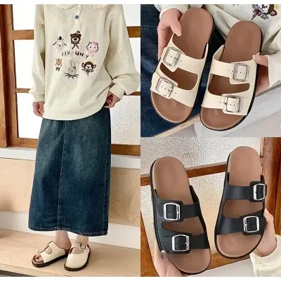 Picture of Women’s Stylish Slip-On Sandals – Double Buckle Design, Comfortable Cushioned Sole, Casual Summer Footwear (Black, White, Brown)