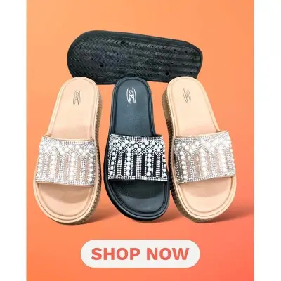 Picture of Trendy Women Rhinestone Decor Sandals, Glamorous New Fabric Wedge Slide Sandals New Fashionable Premium Sandal For Wonan