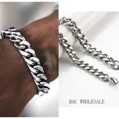 Picture of 10mm Men's Bracelets Stainless Steel Curb Cuban Link Chain Silver Color Bracelet For men Jewelry Simple European And American Punk Hip-Hop Hand Accessories