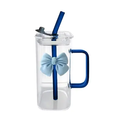 Picture of 350 ml Square Mug With Lids and Straws With Bow Water Cup Household Cup Female Milk Coffee Cups With Blue Handle Gift