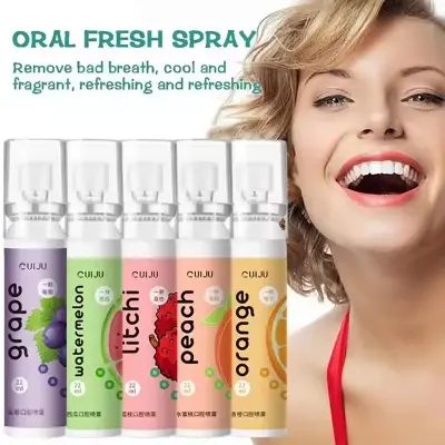 Picture of Oral Fresh Spray Mouth Freshener 6 Smell Fresh Breath Mouth Fruit Litchi Peach Grape Flavor Persistent Portable Oral Care
