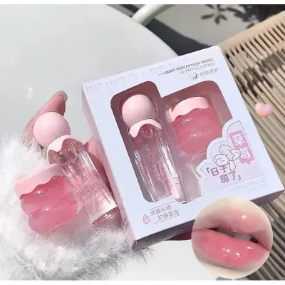 Picture of LEE INTO Strawberry Lightweight Lips Set Clear Glass Moisturizing Lip Balm Transparent Lip Oil Hydrating Jelly Day & Night Lip Mask Settle