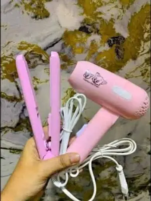Picture of mini hair straightener and mini hair dryer combo