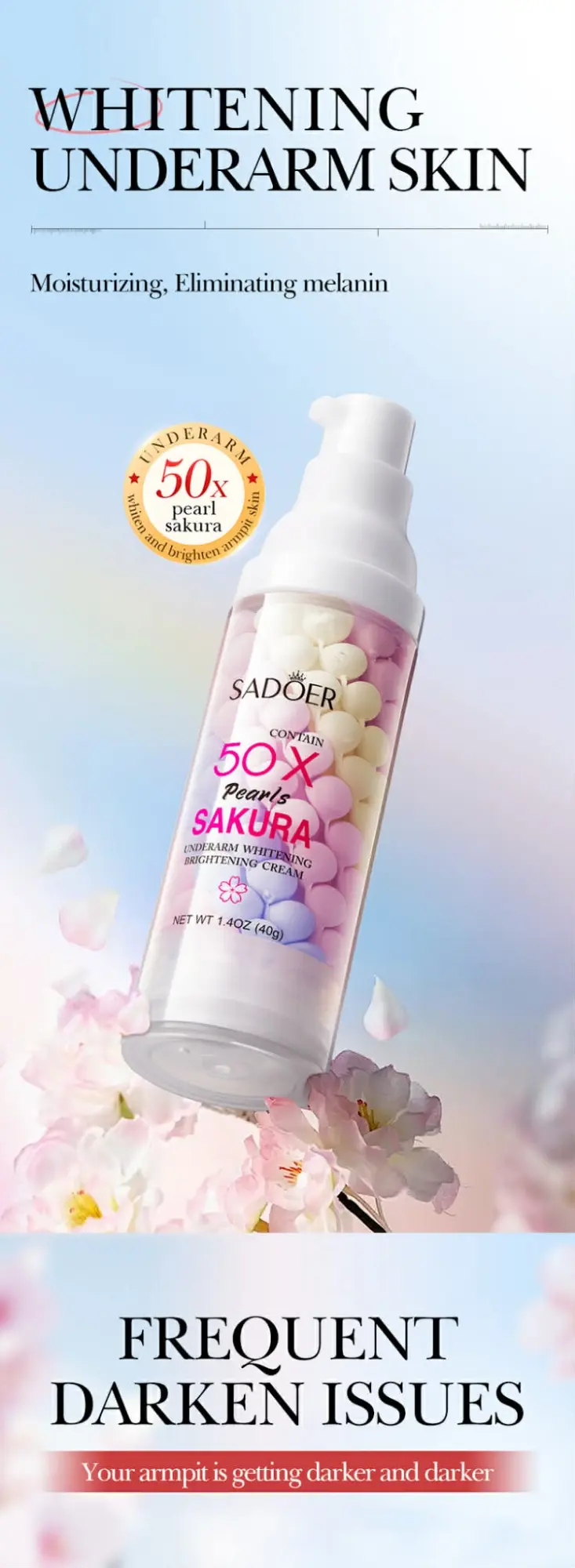 Picture of SADOER 50x Pearls Sakura Underarm Whitening Cream Body Lotion Pearl Moisturizer - 40g