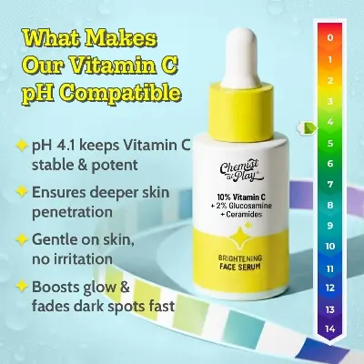 Picture of Chemist At Play 10% Vitamin C Face Serum 30ml |Brightens & Gives Glow |Fades Dark Spots |Treats Hyperpigmentation| Balances Melanin Production | Ethyl Ascorbic Acid & Glucosamine | For All Skin Types