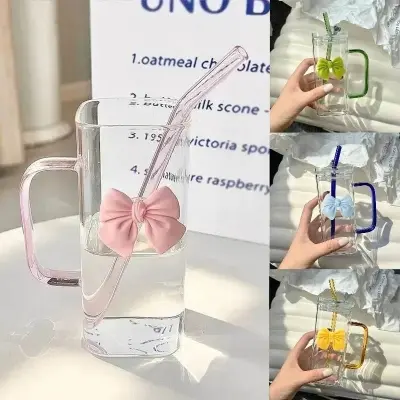 Picture of 350 ml Square Mug With Lids and Straws With Bow Water Cup Household Cup Female Milk Coffee Cups With Blue Handle Gift
