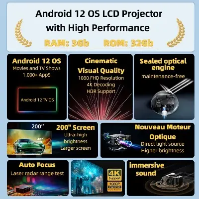 Picture of AUN U002 Android 12 Projector ROM 32GB Auto Focus 3D MINI Theater Online Movie Full HD 1080P LED 4K VideoProjector Home Cinema (Black)