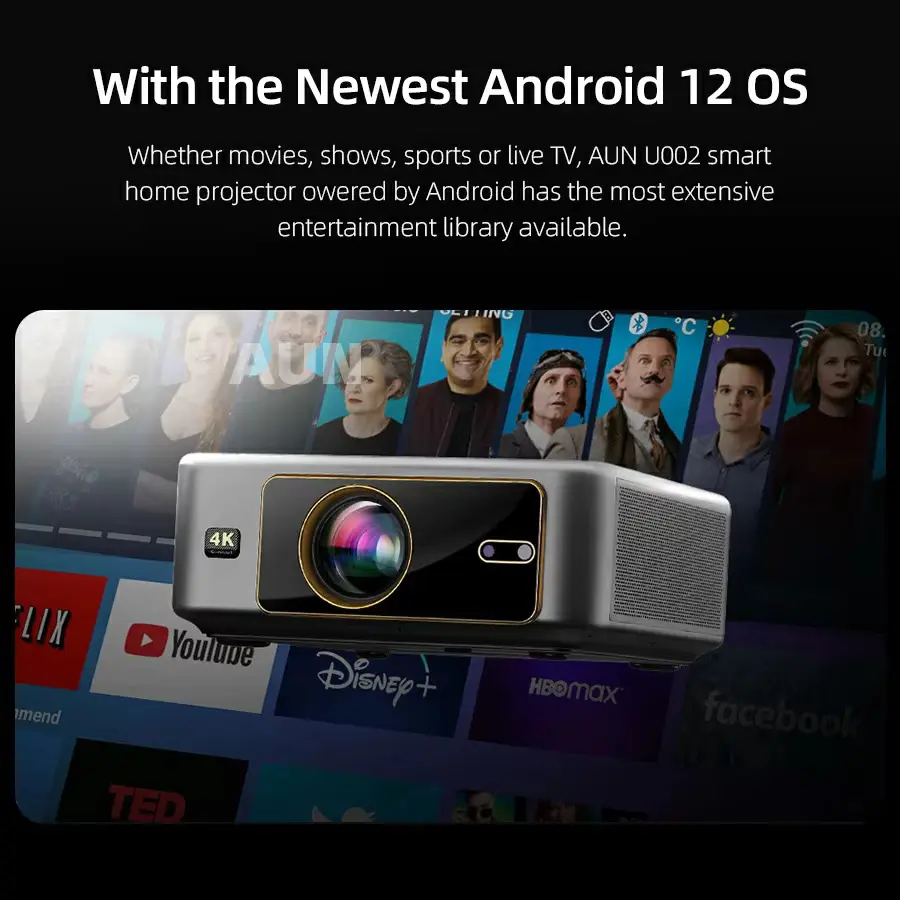Picture of AUN U002 Android 12 Projector ROM 32GB Auto Focus 3D MINI Theater Online Movie Full HD 1080P LED 4K VideoProjector Home Cinema (Black)