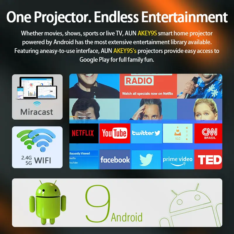 Picture of AUN AKEY9S Autofocus Android Projector 64GB ROM Full HD Native LED Home Theater Projectors 4k Video Beamer 1080P Bluetooth WIFI Smart TV (AKEY9S)