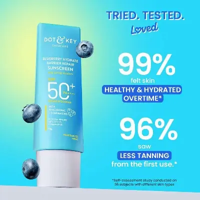 Picture of Dot & Key Blueberry Hydrate Barrier Repair Sunscreen 80gm SPF50+ PA++++ | For Dry & Sensitive Skin | Non - Greasy Finish | No White Cast | UV & Blue Light Protection | Broad Spectrum