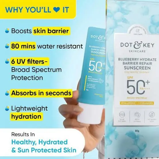 Picture of Dot & Key Blueberry Hydrate Barrier Repair Sunscreen 80gm SPF50+ PA++++ | For Dry & Sensitive Skin | Non - Greasy Finish | No White Cast | UV & Blue Light Protection | Broad Spectrum