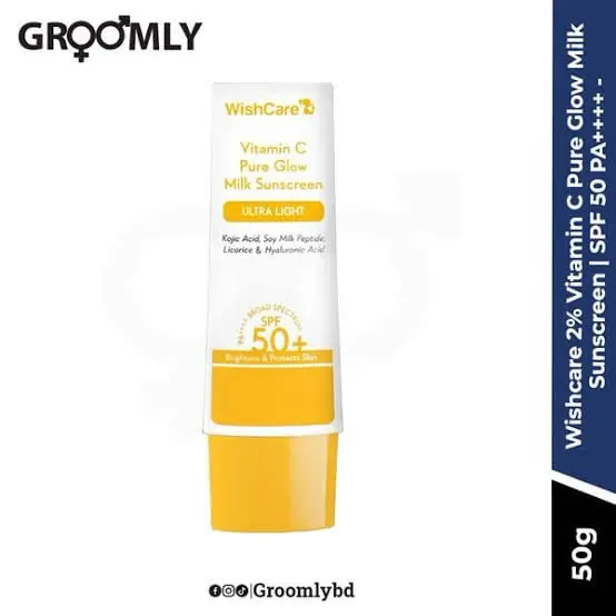 Picture of WishCare Vitamin C Pure Glow Milk Sunscreen SPF 50 PA++++ - Ultra Light Weight, Oil Free with Broad Spectrum Protection & No White Cast - 50g