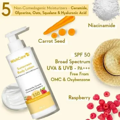 Picture of WishCare SPF50 Sunscreen Body Lotion - Broad Spectrum - UVA & UVB Protection with No White Cast - With Carrot Seed & Raspberry - For Men & Women - 200 Ml