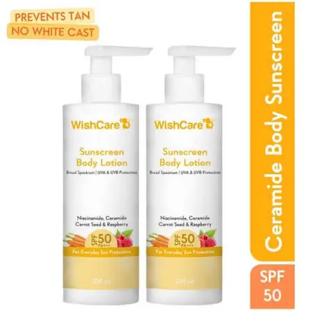 Picture of WishCare SPF50 Sunscreen Body Lotion - Broad Spectrum - UVA & UVB Protection with No White Cast - With Carrot Seed & Raspberry - For Men & Women - 200 Ml