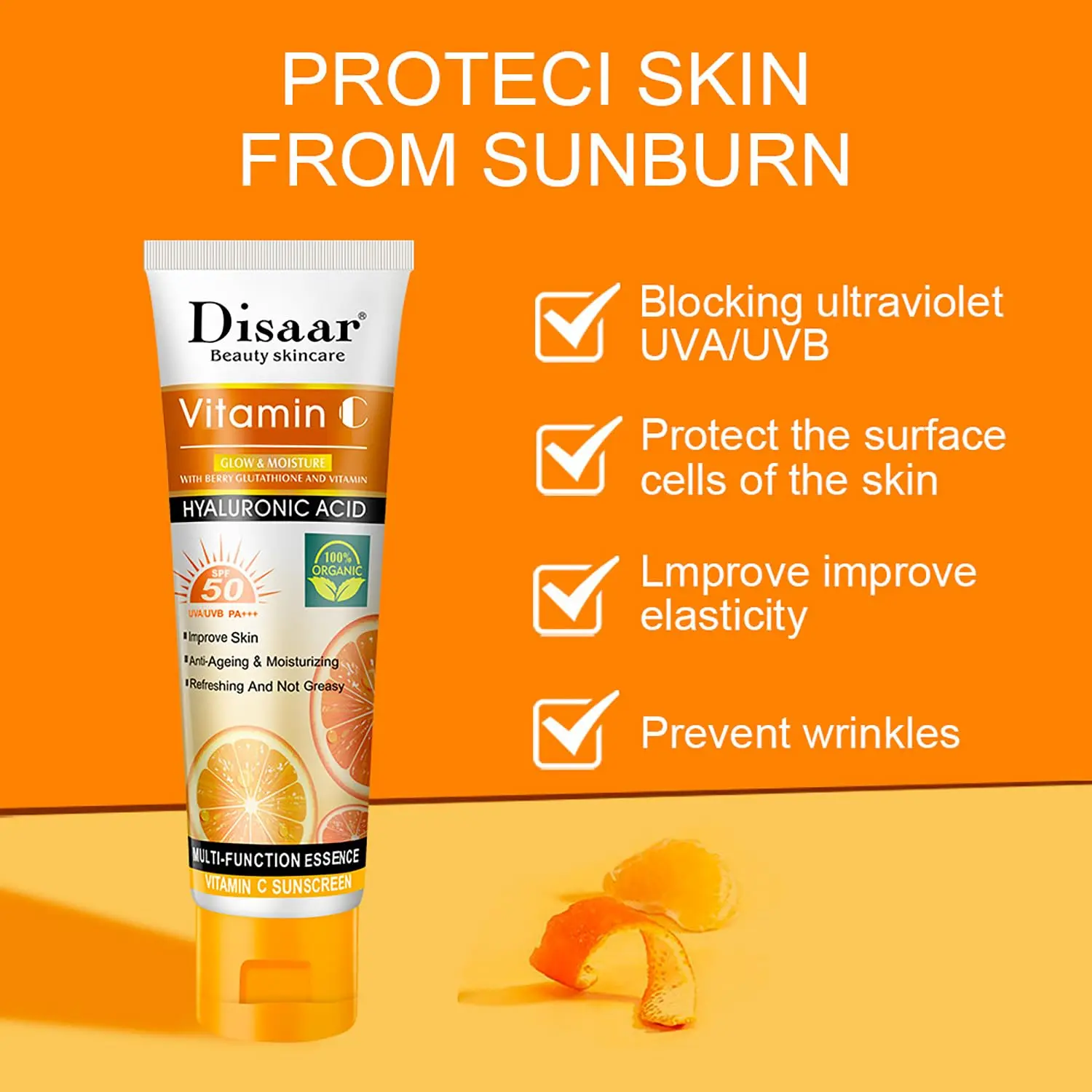 Picture of DISAAR BEAUTY Vitamin C Sunscreen Orange Extract Hyaluronic Acid SPF50 UVA/UVB PA+++ Moisturizing Refreshing Skin 50g