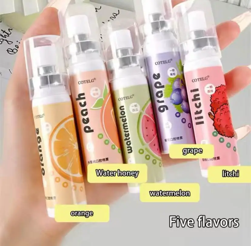 Picture of Oral Fresh Spray Mouth Freshener 6 Smell Fresh Breath Mouth Fruit Litchi Peach Grape Flavor Persistent Portable Oral Care